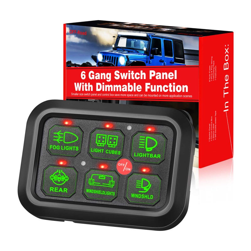 OFFROADTOWN لوحة مفاتيح أوف رود تاون 6 جينغ للتحكم في الدائرة بنظام ريلاي تلقائي قابل للتعتيم مع صندوق فيوز ومفتاح LED قابل للتشغيل والإيقاف، لوحة لمسية مقاومة للماء للشاحنات والسيارات وUTV وATV وSUV والقوارب البحرية - Image 1